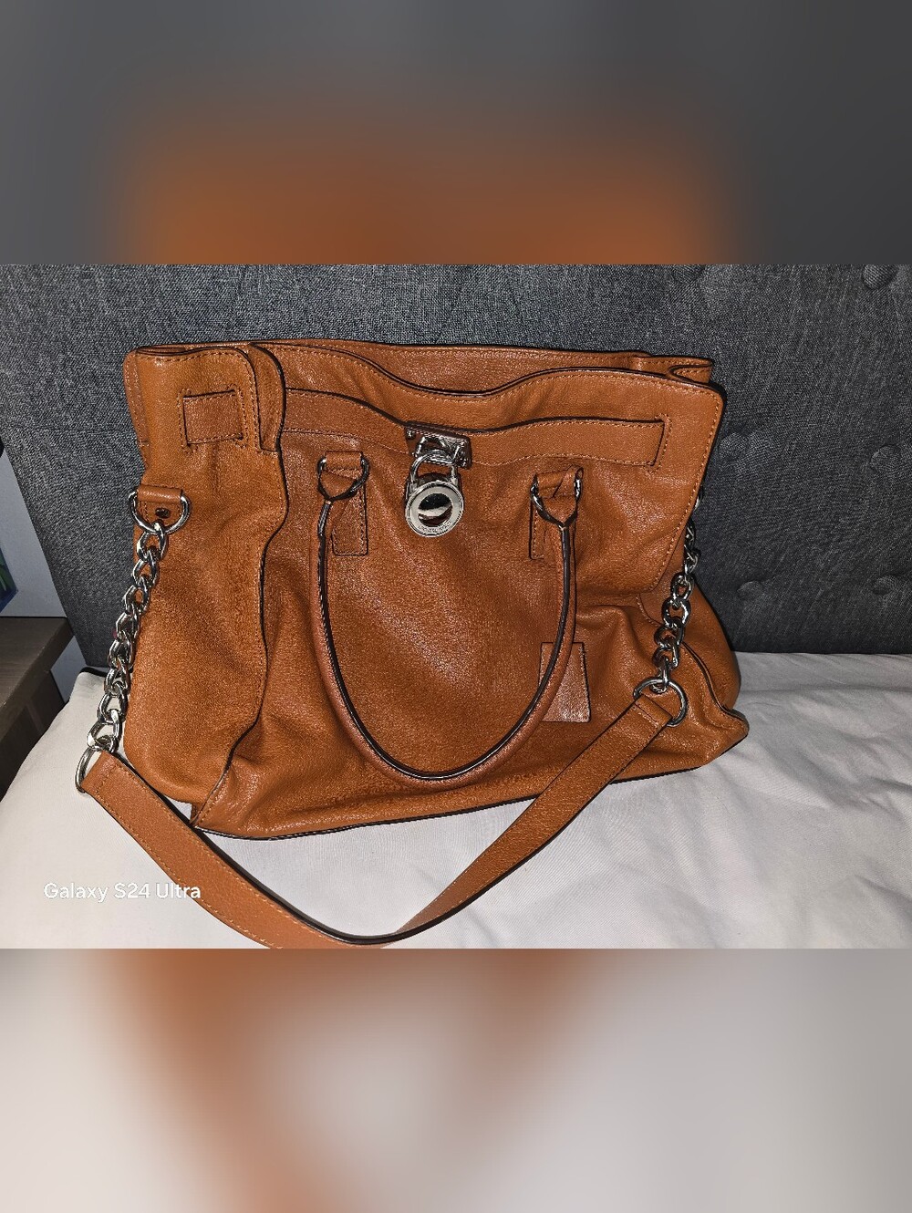 Michael Kors Hamilton Acorn Brown Saffiano Leather Shoulder Handbag Lock * Purse